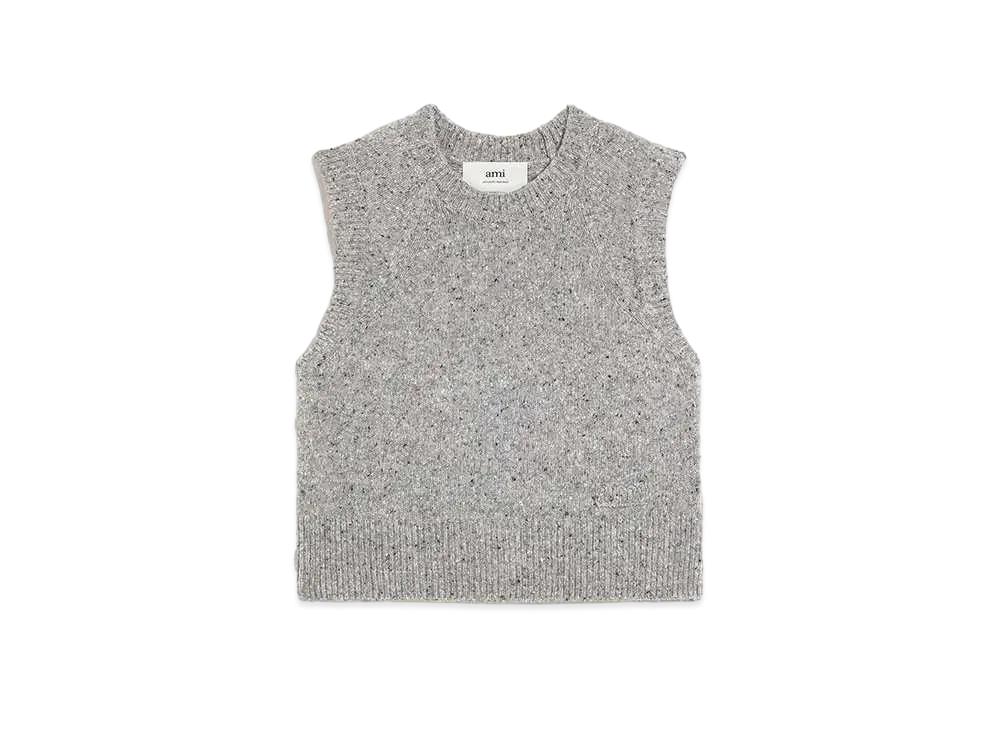 AMI PARIS Donegal Wool Embroidery Sleeve Less Sweater "Light Heather Gray"