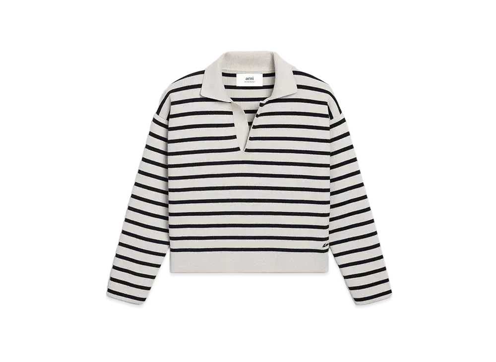AMI PARIS Cotton & Wool Blend Breton Embroidery Stripe Polo Shirt "Chalk & Black"