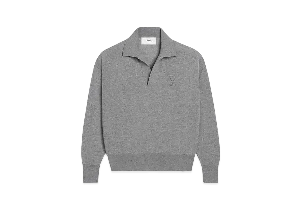 AMI PARIS Extra Fine Merino Wool Polo Shirt "Heather Gray"