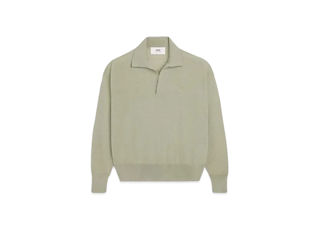 AMI PARIS Extra Fine Merino Wool Polo Shirt "Heather Sage"