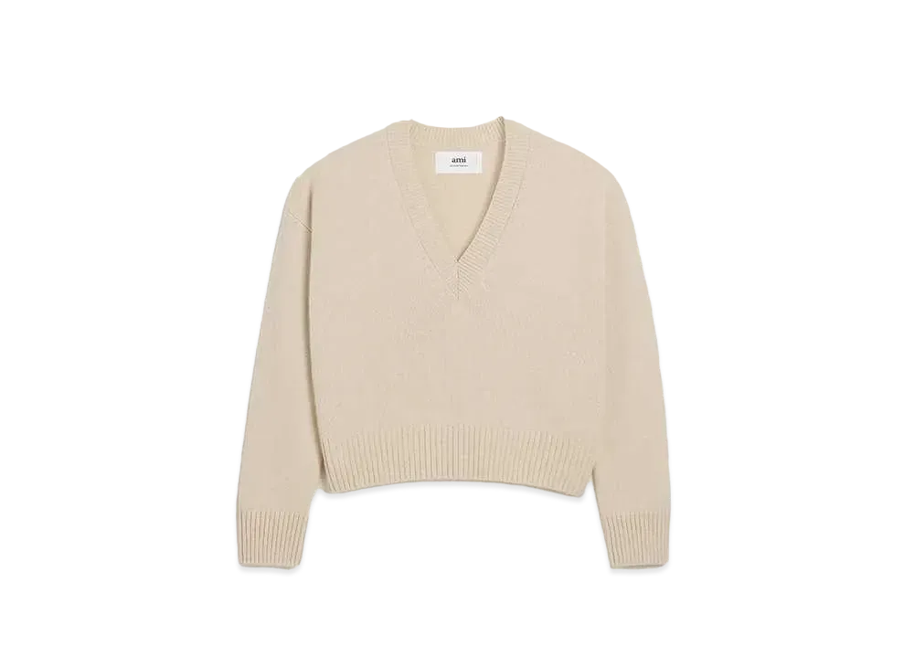 AMI PARIS Wool & Cashmere Blend V Neck Sweater "Cream"