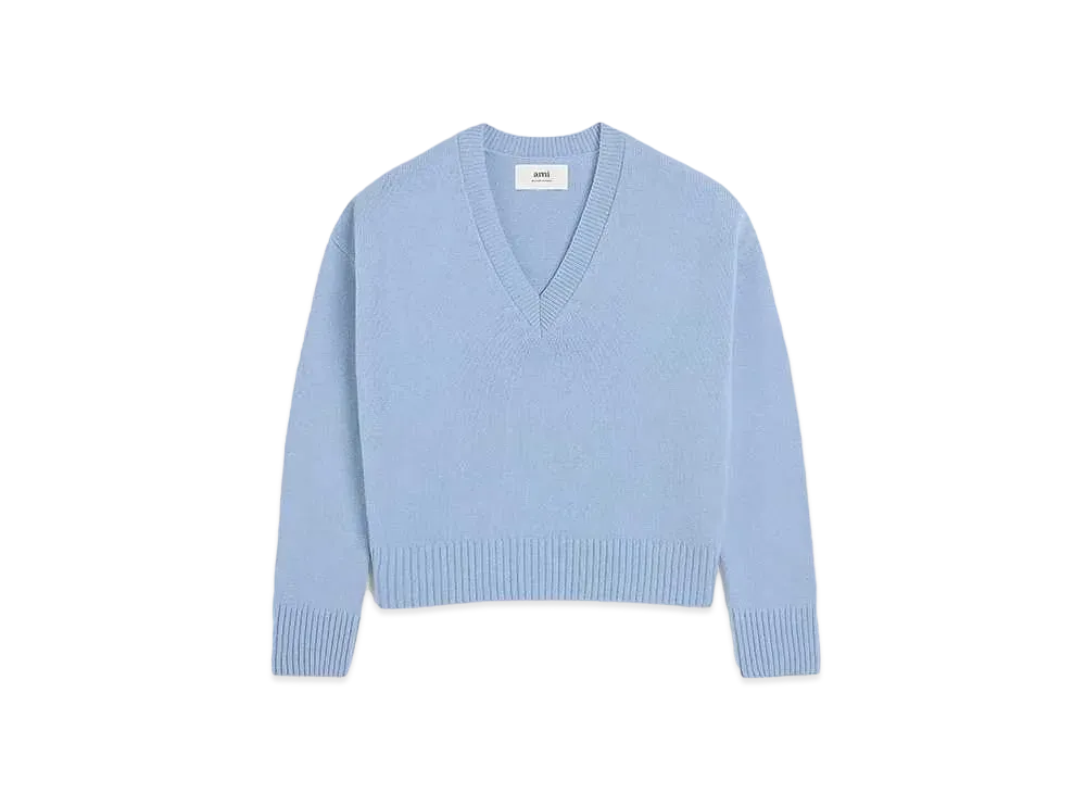 AMI PARIS Wool & Cashmere Blend V Neck Sweater "Cashmere Blue "