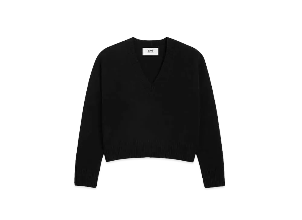 AMI PARIS Wool & Cashmere Blend V Neck Sweater "Black"
