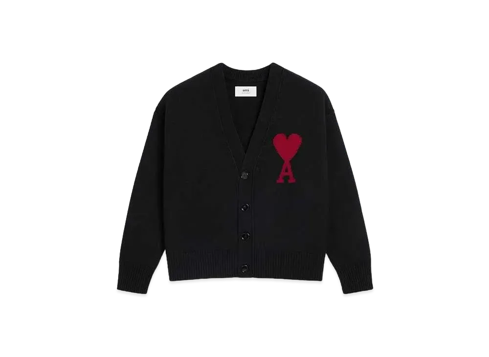 AMI PARIS Merino Wool Felt Cardigan "Black & Red"