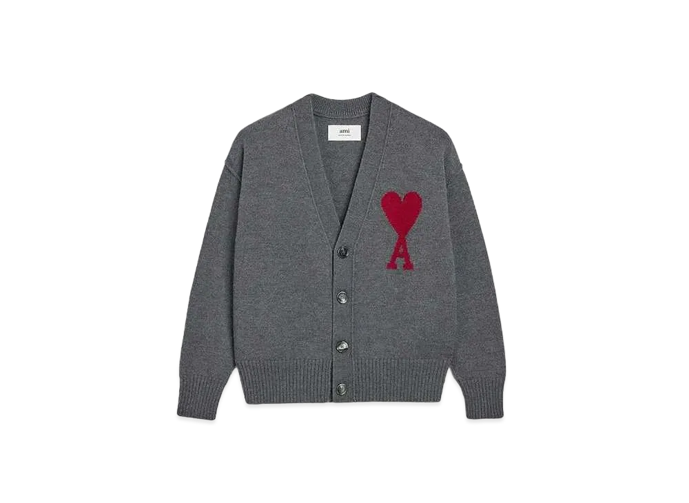 AMI PARIS Merino Wool Felt Cardigan "Heather Gray & Red"
