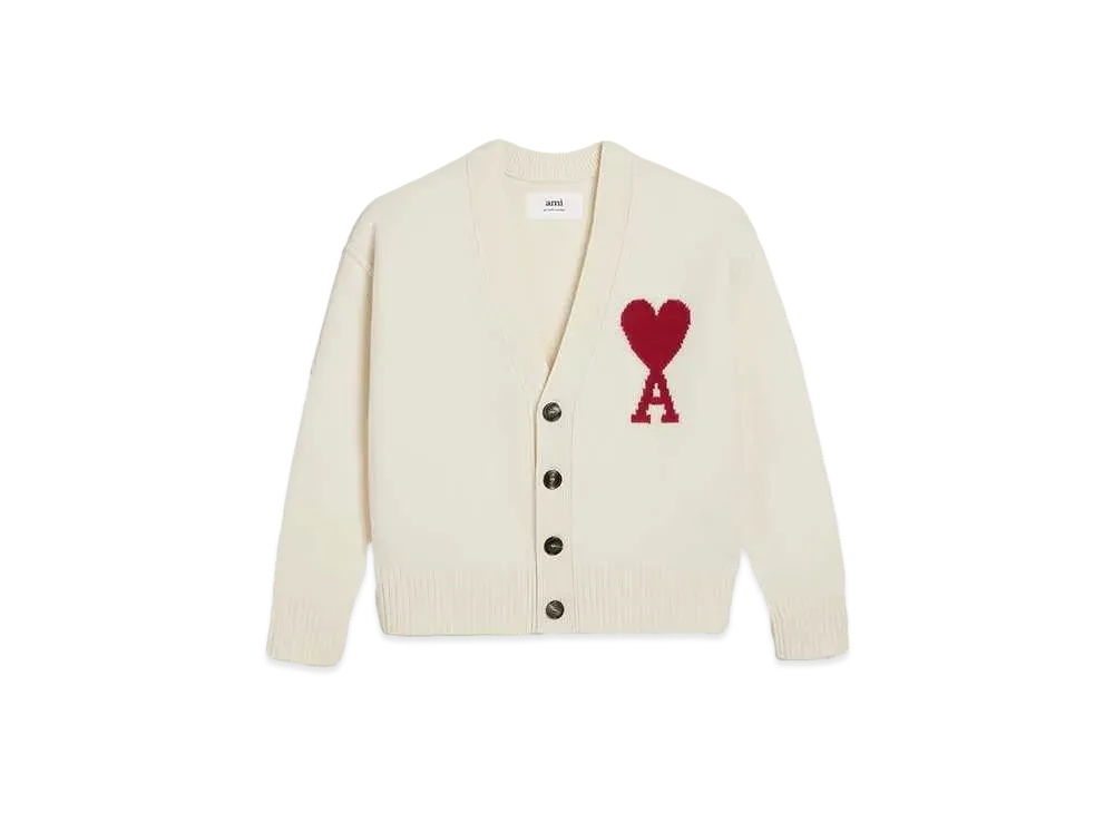 AMI PARIS Merino Wool Felt Cardigan "Off White & Red"
