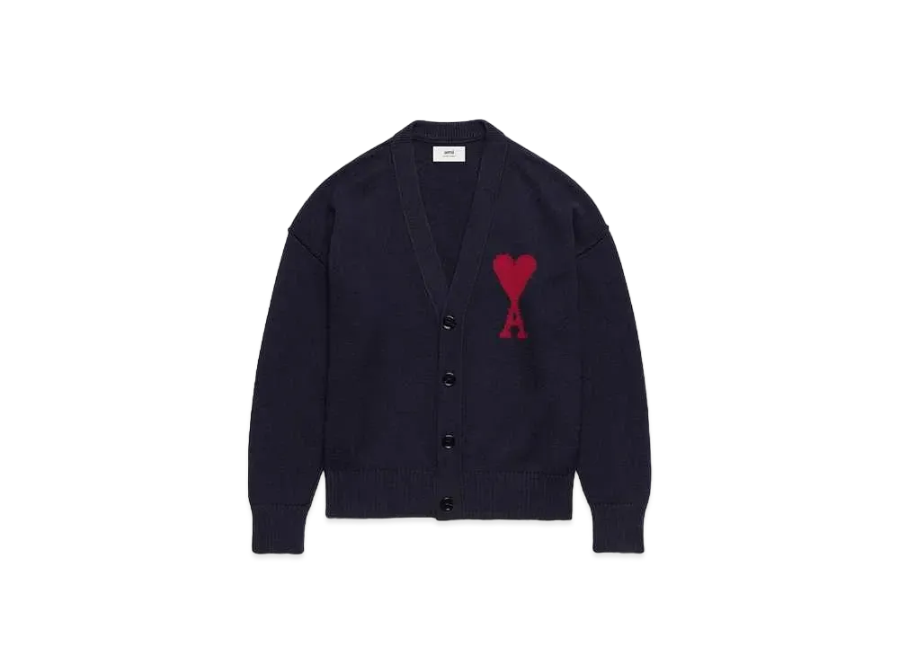 AMI PARIS Merino Wool Felt Cardigan "Night Blue & Red"
