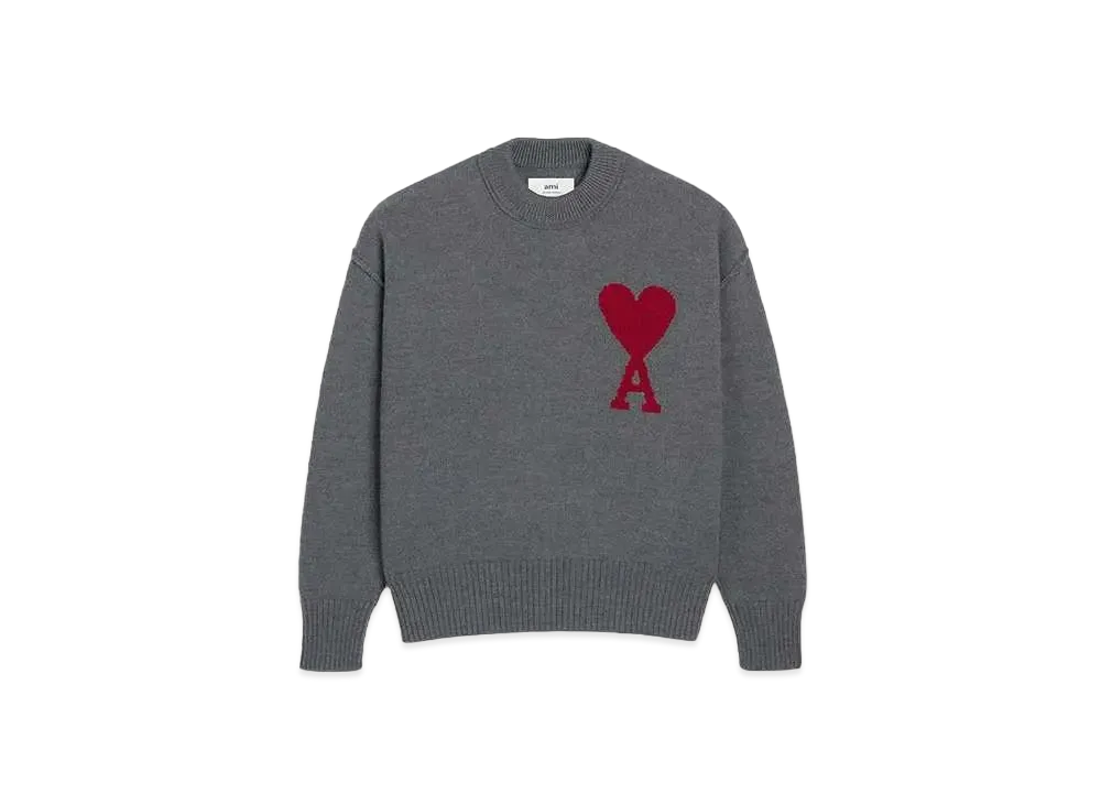 AMI PARIS Merino Wool Felt Sweater #1 "Heather Gray & Red"