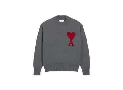 AMI PARIS Merino Wool Felt Sweater #1 "Heather Gray & Red"
