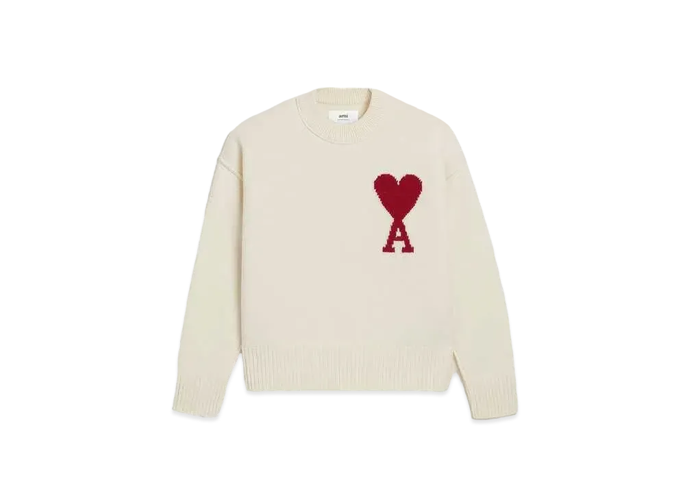 AMI PARIS Merino Wool Felt Sweater #1 "Off White & Red"
