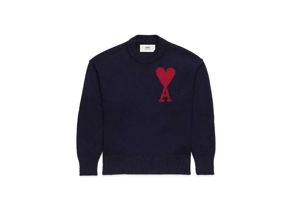 AMI PARIS Merino Wool Felt Sweater #1 "Night Blue & Red"