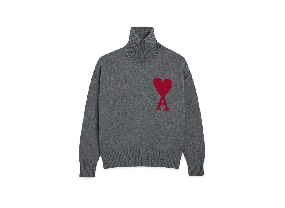 AMI PARIS Merino Wool Felt Sweater #2 "Heather Gray & Red"