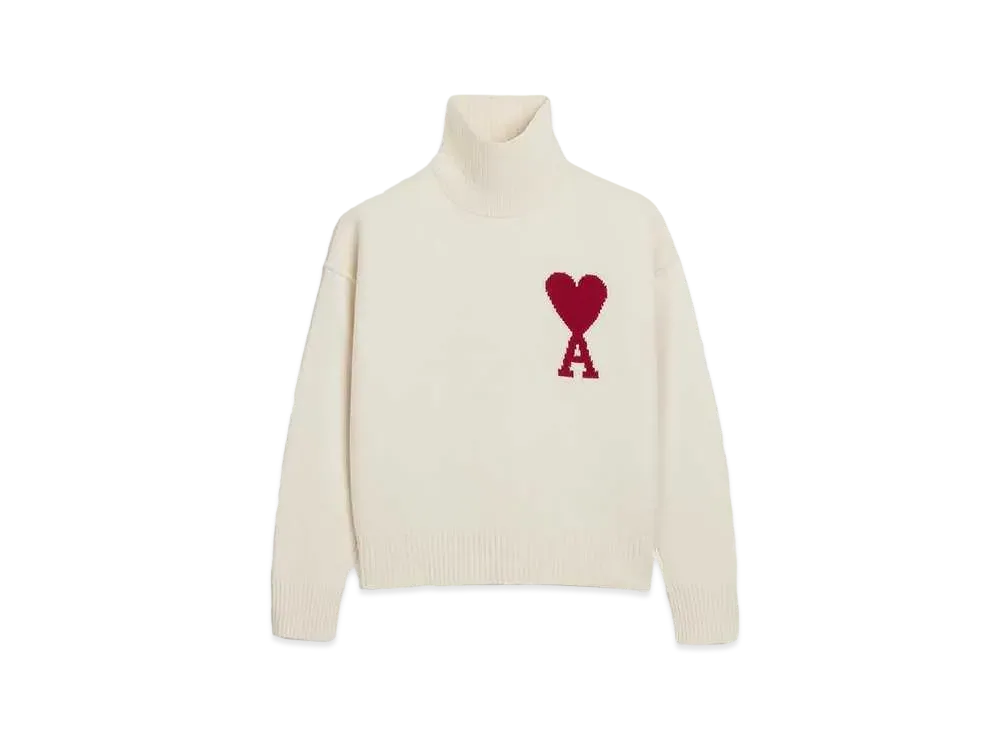 AMI PARIS Merino Wool Felt Sweater #2 "Off White & Red"