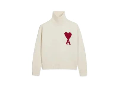 AMI PARIS Merino Wool Felt Sweater #2 "Off White & Red"