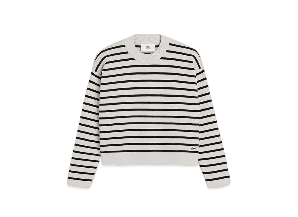 AMI PARIS Cotton & Wool Blend Breton Embroidery Stripe Sweater "Chalk & Black"