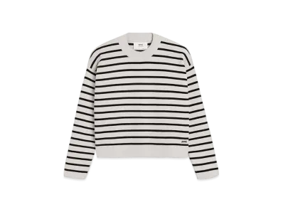 AMI PARIS Cotton & Wool Blend Breton Embroidery Stripe Sweater "Chalk & Black"