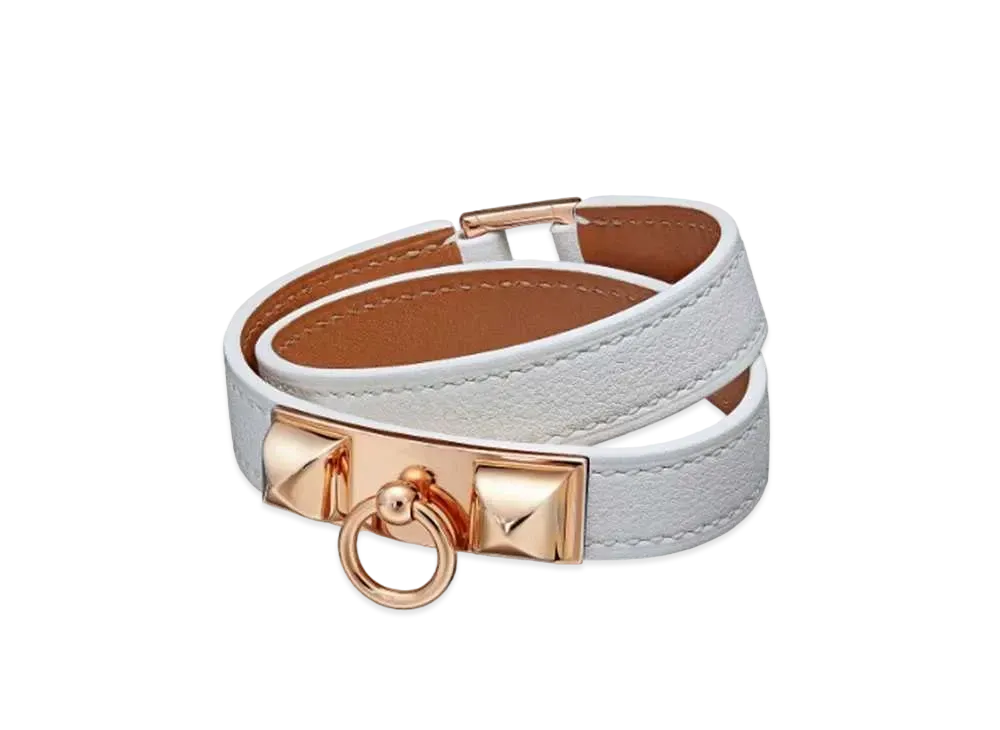 Hermes Rivale Leather Bracelet "Blanc/Pink Gold"