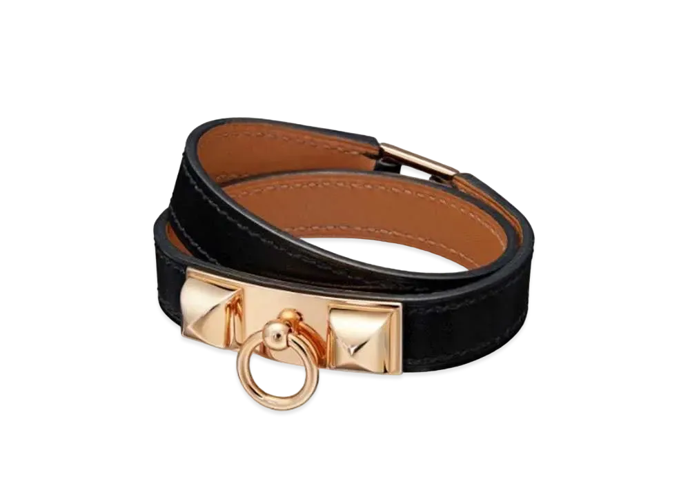 Hermes Rivale Leather Bracelet "Noir/Pink Gold"