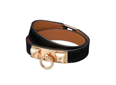 Hermes Rivale Leather Bracelet "Noir/Pink Gold"