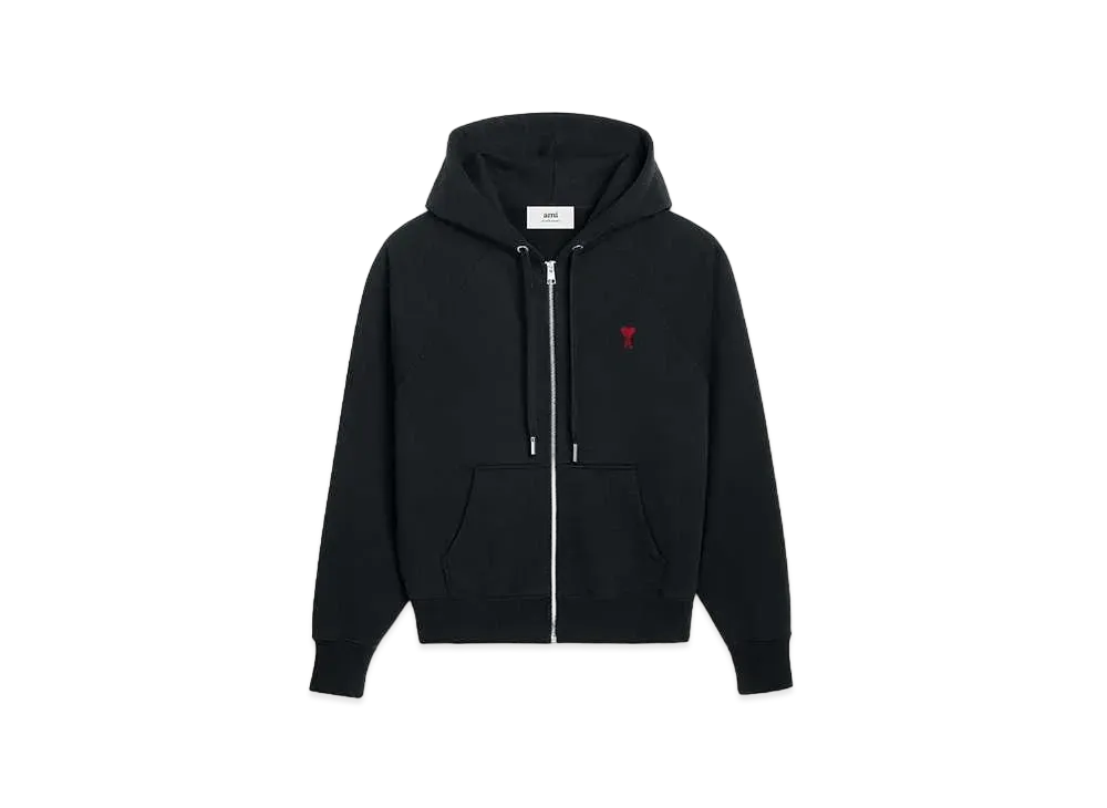 AMI PARIS Loop Back Organic Cotton Heavy Fleece Zip Parka "Black"