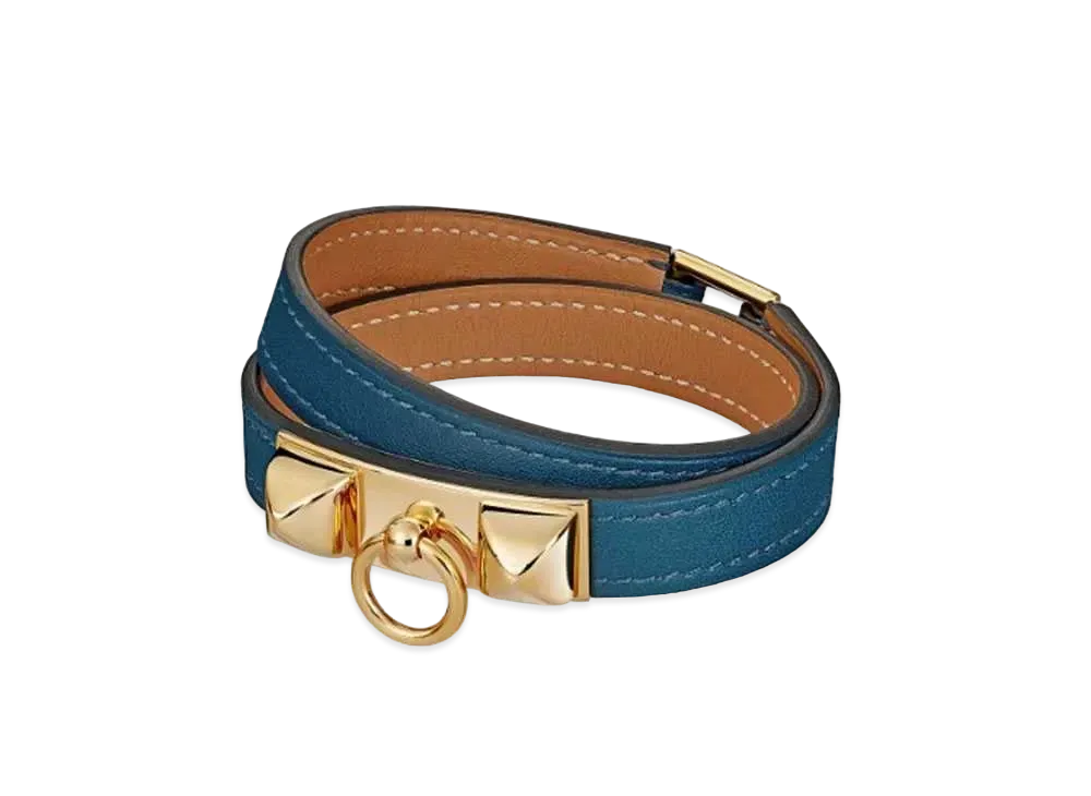 Hermes Rivale Leather Bracelet "Bleu/Gold"