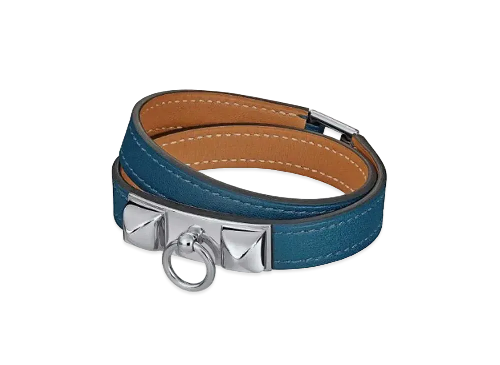 Hermes Rivale Leather Bracelet "Bleu/Palladium"