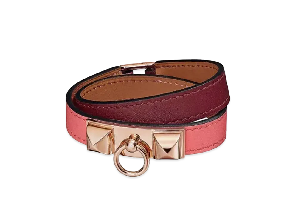 Hermes Rivale Leather Bracelet "Rouge Ash/Pink Gold"