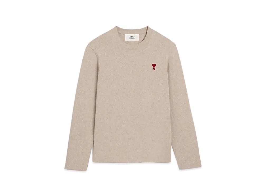 AMI PARIS Organic Cotton Heavy Jersey AMI DE COEUR Long Sleeve T-shirt "Heather Light Beige"
