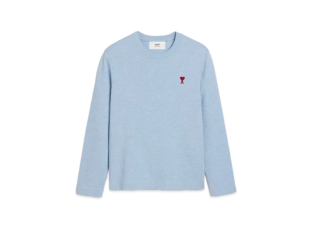AMI PARIS Organic Cotton Heavy Jersey AMI DE COEUR Long Sleeve T-shirt "Heather Cashmere Blue"