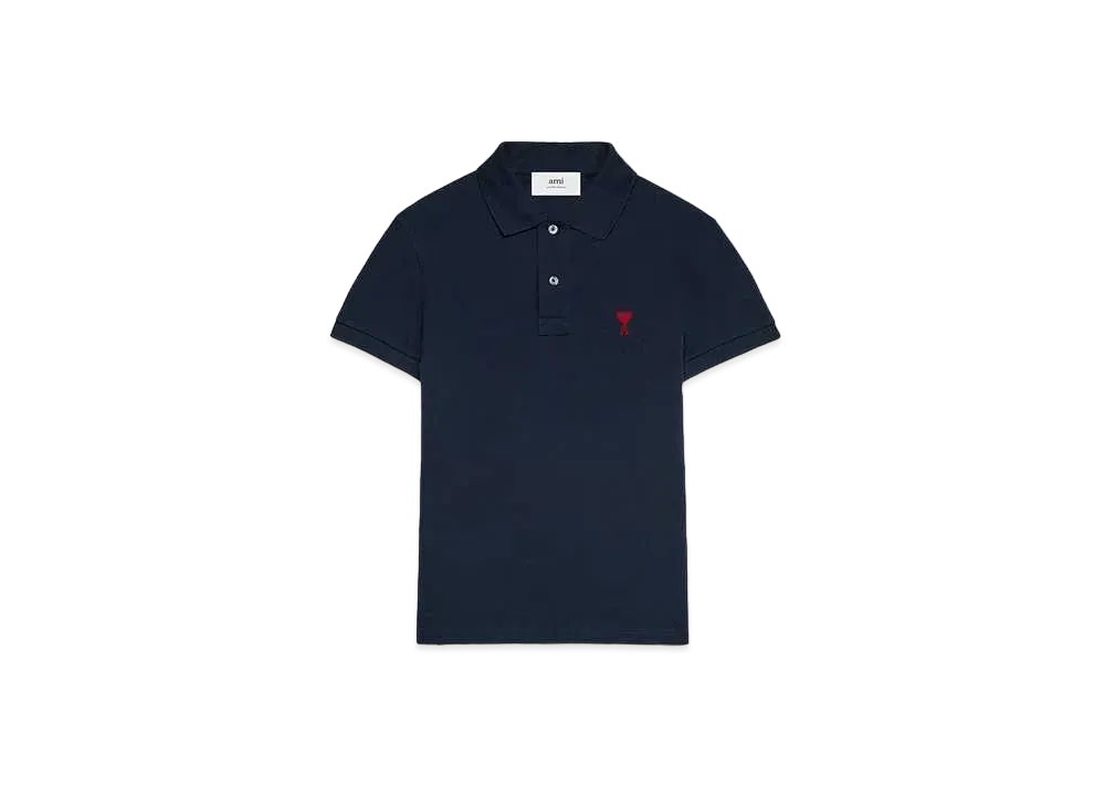 AMI PARIS Organic Cotton Pique AMI DE COEUR Polo Shirt "Night Blue "