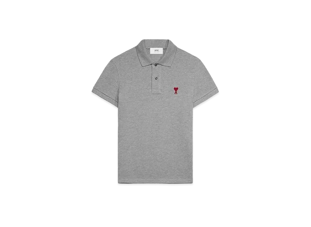 AMI PARIS Organic Cotton Pique AMI DE COEUR Polo Shirt "Heather Gray"