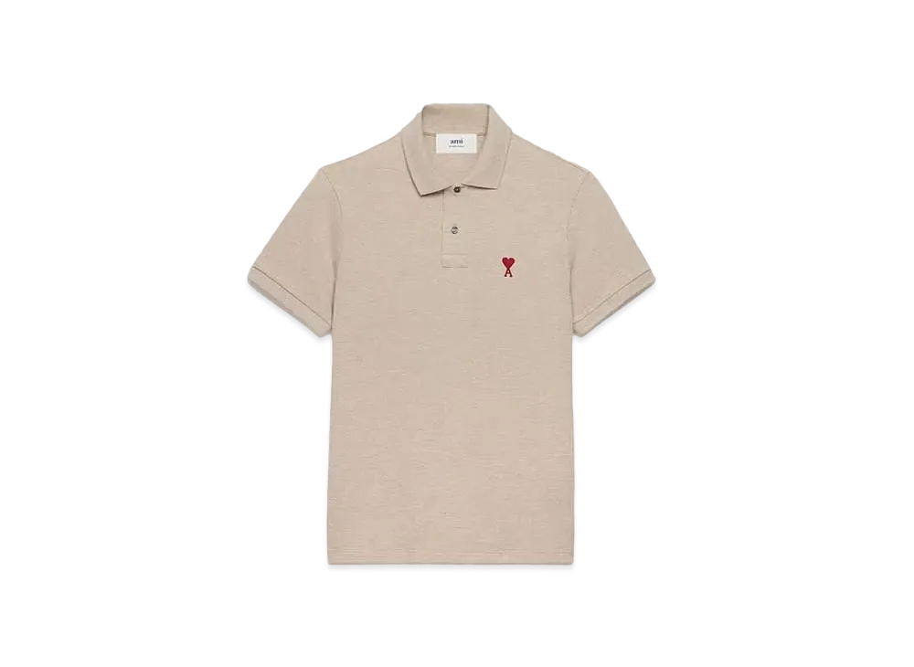 AMI PARIS Organic Cotton Pique AMI DE COEUR Polo Shirt "Heather Light Beige"