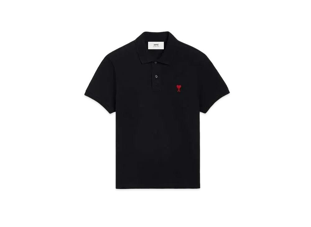 AMI PARIS Organic Cotton Pique AMI DE COEUR Polo Shirt "Black"