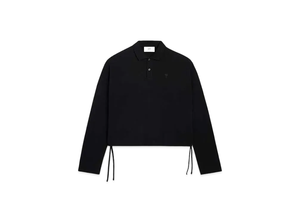 AMI PARIS Organic Cotton Pique AMI DE COEUR Cropped Polo Shirt "Black"