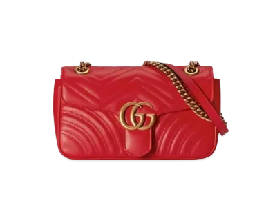 GUCCI GG Marmont Small Shoulder Bag Matelasse Chevron Leather Hardware "Red"