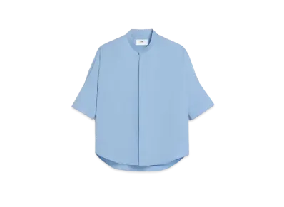 AMI PARIS Cotton Poplin Cropped Sleeve Mao Collar Over Size Shirt "Cashmere Blue "