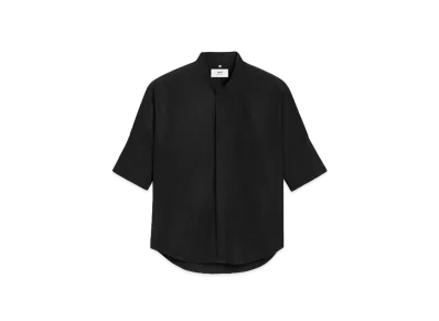 AMI PARIS Cotton Poplin Cropped Sleeve Mao Collar Over Size Shirt "Black"