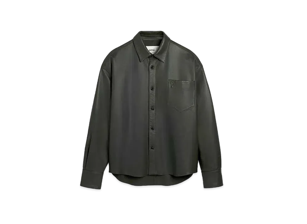 AMI PARIS Smooth Lamb Leather Boxy Fit Shirt "Dark Olive Green"