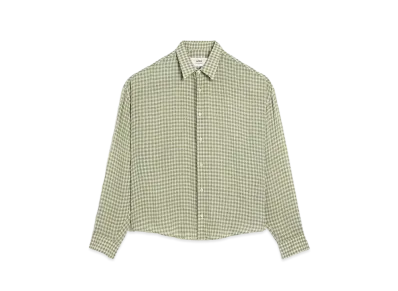 AMI PARIS Viscose Crepe Check Boxy Fit Shirt "Chalk & Olive"