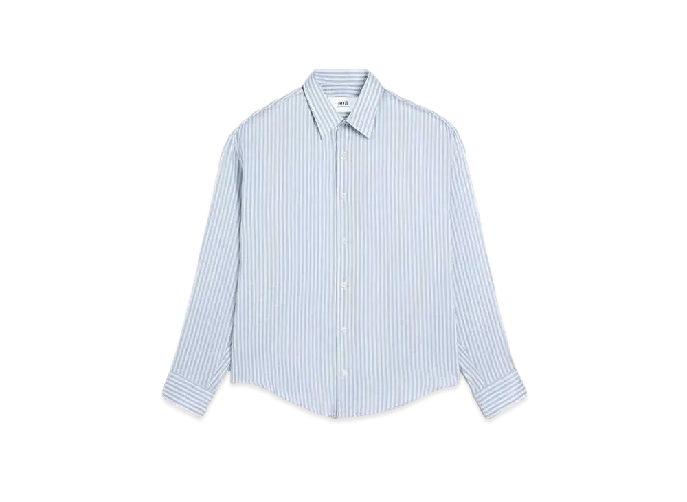AMI PARIS Stripe Silk Blend Canvas Boxy Fit Shirt "Chalk & Cashmere Blue "
