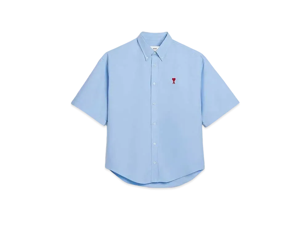 AMI PARIS Cotton Oxford Boxy Fit Short Sleeve Shirt "Cashmere Blue "