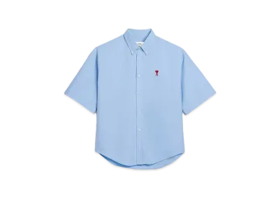 AMI PARIS Cotton Oxford Boxy Fit Short Sleeve Shirt "Cashmere Blue "