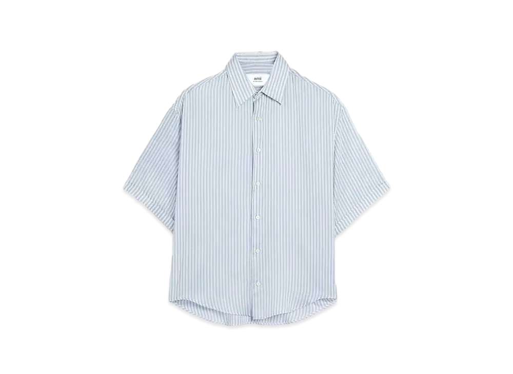 AMI PARIS Stripe Silk Blend Canvas Boxy Fit Short Sleeve Shirt "Chalk & Cashmere Blue "