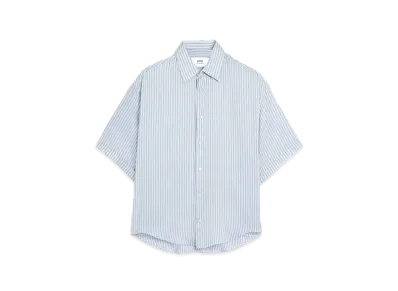 AMI PARIS Stripe Silk Blend Canvas Boxy Fit Short Sleeve Shirt "Chalk & Cashmere Blue "