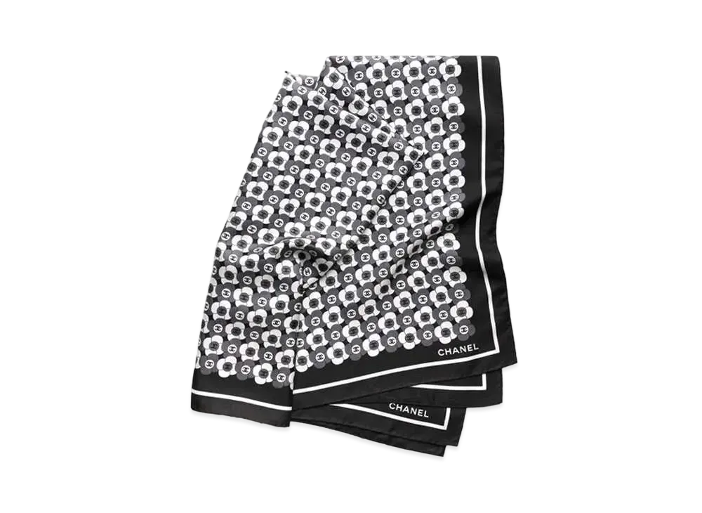CHANEL Square Scarf Silk Twill "Black/Gray/White"