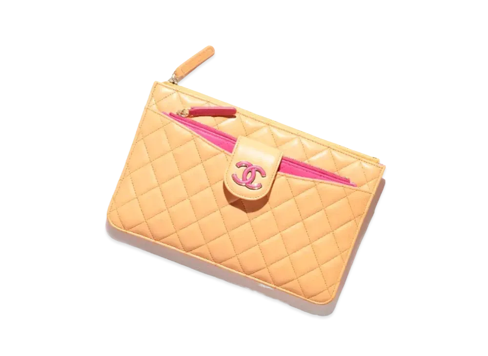 CHANEL Pouch Lambskin & Gold Tone Metal "Orange/Dark Pink"