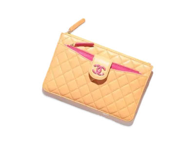 CHANEL Pouch Lambskin & Gold Tone Metal "Orange/Dark Pink"