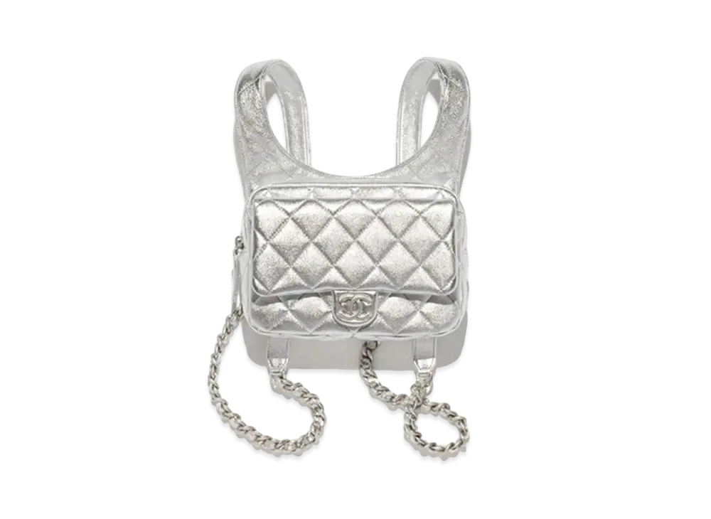 CHANEL Backpack Metallic Lambskin & Silver Tone Metal "Silver"