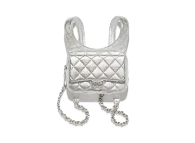 CHANEL Backpack Metallic Lambskin & Silver Tone Metal "Silver"