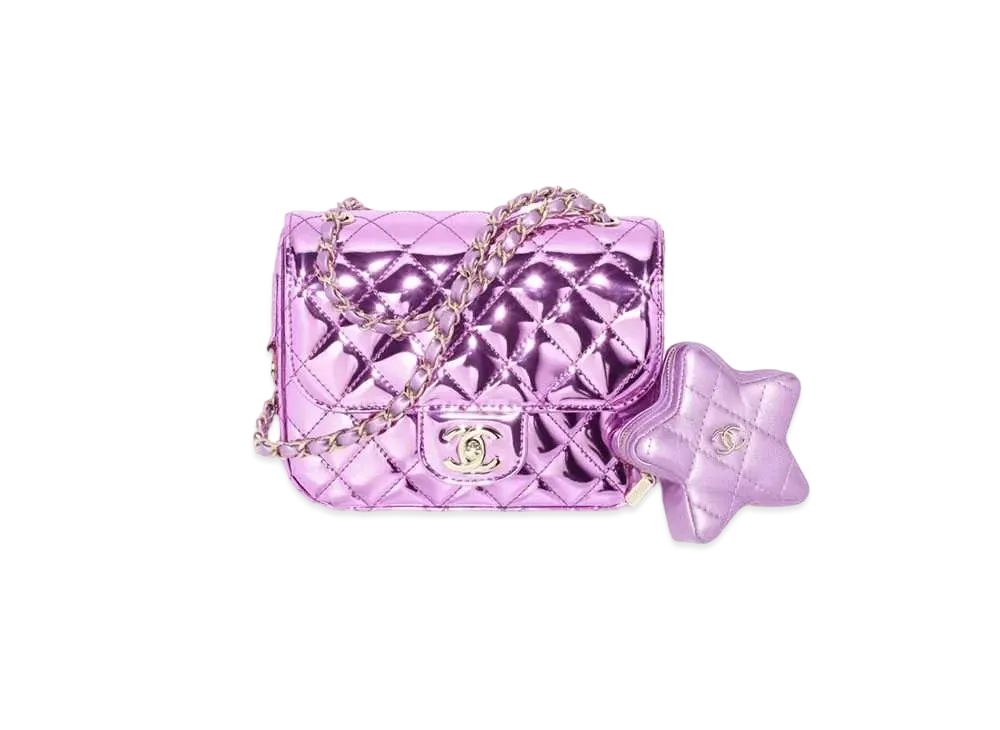 CHANEL Mini Flap Bag & Star Coin Purse Mirror Calfskin Metallic Calfskin & Gold Tone Metal "Purple"